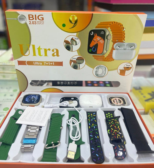 Ultra 9 Smartwatch Combo Pack (7 Straps + Earbuds + Accessories)